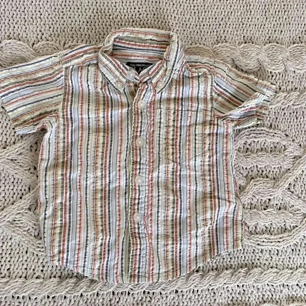 The Children’s Place 6-9 months button down striped beige short sleeve‎ shirt​